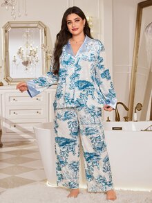 MuseNap CURVE Elegant Premium Champagne Velvet Printed Exquisite Button Long Sleeve Long Pants Plus Size Pajama Set - Blue - View 4