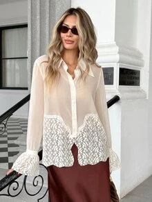 Pariaura European And American Style Autumn/Winter New Fashion Versatile Solid Color Chiffon Contrast Lace Decor Elegant Commute Design Long Sleeve Blouse - Beige - View 5