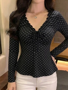DAZY 女款夏季波點滿版印花抓皺無袖V領套頭休閒背心 - 黑色 - 查看 3