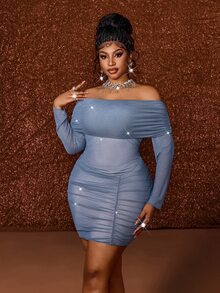 Maweii European Women's Plus Size French Style Tube Bandeau Design Mesh Fitted Sexy A-Line Bodycon Slimming Ruched Dress Fall - Grey - View 4