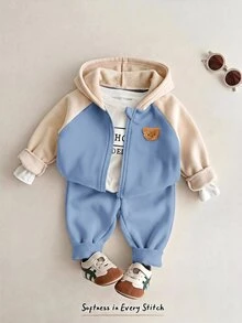 Cozy Pixies Baby Boy Cartoon Bear Pattern Color Block Long Sleeve Winter Autumn Jacket Elastic Waist Long Pants 2pcs Set Thermal Lined Thick Suitable For Winter - Dusty Blue - View 4