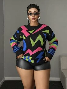 Maweii Sweater Pullover Modis Jacquard Bermotif Geometris Warna-warni untuk Wanita Ukuran Plus - Hitam - View 4