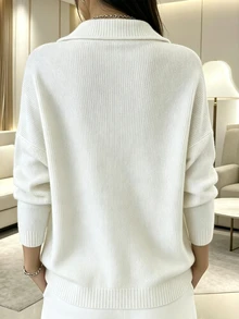 SHEIN Holidaya Women's Elegant Solid Color Stand Collar Half-Zip Front Casual Sweatshirt, Versatile For Daily Commute - White - View 2