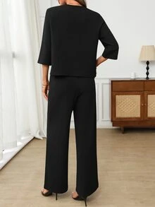 EMERY ROSE Women's Colorblock Round Neck 3/4 Sleeve Top And Long Pants Casual Everyday Set Autumn Clothes For Women Winter Set Elegant Women's Set - Black - View 2