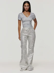 MUSERA Grey Slinky Zebra Print Diamante V Neck Tshirt Summer Autumn Cute Everyday Y2K Ultra M - Multicolor - View 3