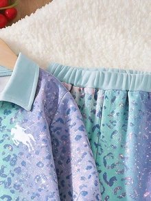 Young Girl Fashion Casual Leopard Print Horse Riding Print Lapel V-Neck Long Sleeve Sweatshirt & Leopard Print Wide Leg Pants Set, Soft Fabric, Suitable For Outings, Back To School, Autumn/Winter - Multicolor - View 5