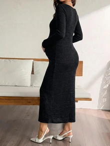 DAZY Solid Color Fitted Waist Elastic Square Neck Long Sleeve Flare Skirt Elegant Vacation Daily Spring Autumn Maternity Dress - Black - View 4