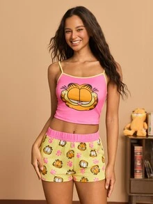 GARFIELD | SHEIN Women's Cartoon Print Camisole Top And Shorts Casual Daily Home Sleepwear Set - Multicolor - View 1