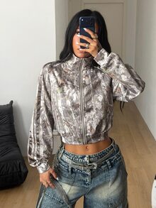 Coolane 女款秋冬街頭風 Y2K 時尚復古基礎運動休閒外出夾克，迷彩樹枝圖案，拉鍊開襟，刺繡保暖，軍綠色 - 橄欖綠 - 查看 4