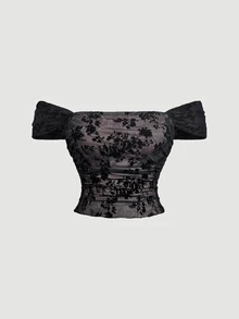 SHEIN MOD 大尺碼秋冬棕色植絨印花短版上衣，復古宮廷風，復古日常穿搭，女孩休閒度假穿著 - 黑色 - 查看 1