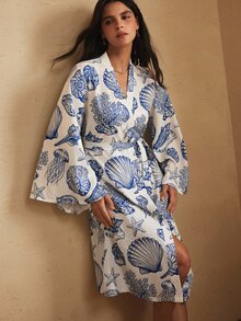 Lullawish Women's Bohemian Casual Vacation Beach Shell Ocean Element Print Tie Loose Woven Robe - Multicolor - View 3