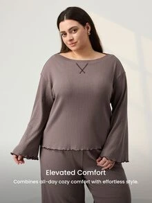 LUVLETTE Fall Women's Plus Size Brown Round Neck Long-Sleeved Pants Loungewear Set, Ribbed Texture Fabric, Comfortable Cotton Pajamas Lounge Sets For Women - Coffee Brown - View 8