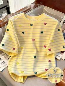 SHEIN Tween Girl Short Sleeve T-Shirt, Striped Floral & Heart Print, Round Neck, Summer Casual Basic Tee - Multicolor - View 1