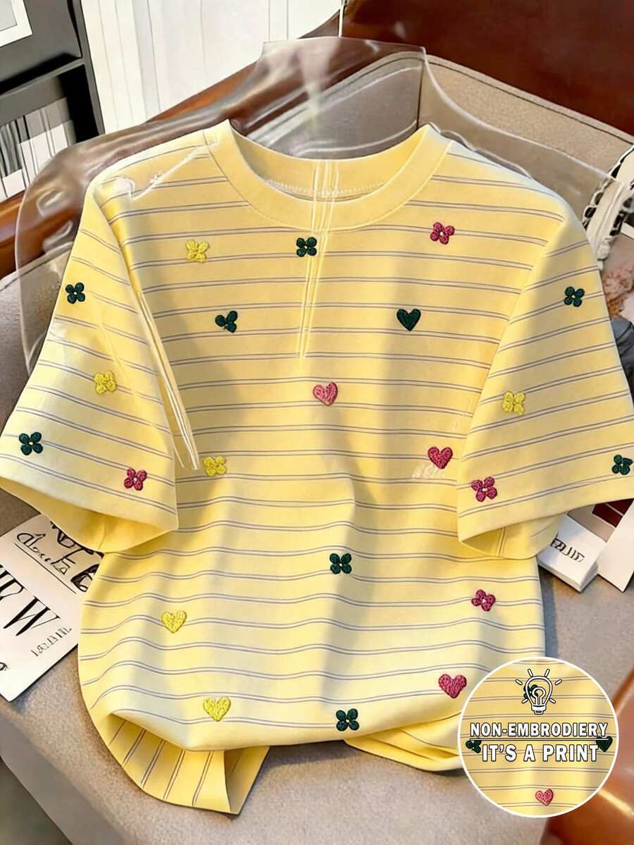 SHEIN Tween Girl Short Sleeve T-Shirt, Striped Floral & Heart Print, Round Neck, Summer Casual Basic Tee - Multicolor - View 1
