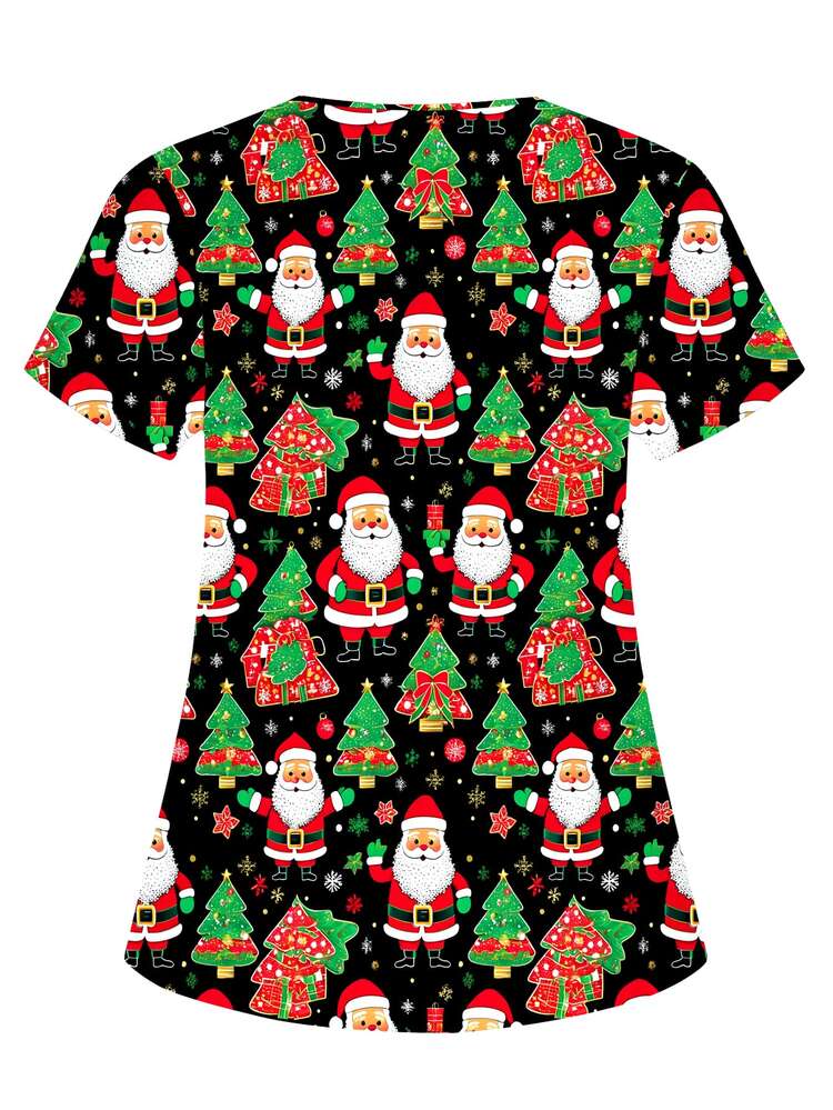 PopScrub Christmas V-Neck Short Sleeve Double Pocket Cute Santa Claus, Christmas Tree, Snowflake Star Cartoon Print Pattern Design Printed Nurse, Lab, Doctor Work Uniform, Multi-Pocket Functional Holiday Outfit, Christmas Women's Top, Christmas Party, Christmas Decoration, Cute, Merry Christmas - Black - View 2