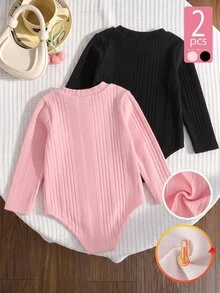 Elladie kids Girls' Solid Color Ribbed Knit Thickened Thermal Lined Semi-High Neck Long Sleeve Jumpsuit, Suitable For Autumn/Winter Layering, Casual Daily Style - Multicolor - View 2