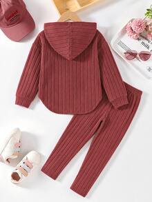 Elladie kids 女童新款玫瑰紅連帽長袖上衣與鬆緊腰休閒寬鬆軟針織長褲兩件套，春/秋季 - 玫紅色 - 查看 2