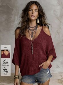 Solivie Women's Vacation Casual Colorblock Striped Cold Shoulder Spaghetti Strap Sweater - Burgundy - View 8