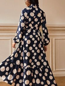 SHEIN French Style Large Polka Dot Long Dress, Ruffle Collar, Long Sleeve, High Waist, Slimming Layered Hem, Versatile Daily & Travel Long Dress - Multicolor - View 2