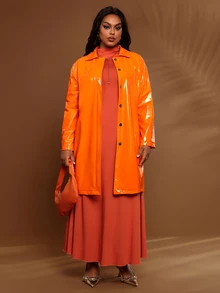 EMERY ROSE Plus Size Women's Solid Color PU Leather Single-Breasted Long Coat - Burnt Orange - View 3