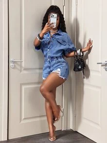 Women's Single-Breasted Frayed Hem Casual Daily Denim Romper - Medium Wash - View 7