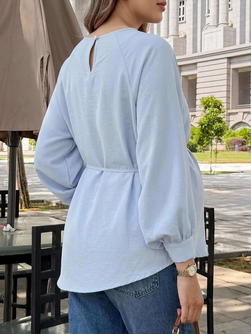 Solid Color Loose Long Sleeve Belted Elegant Vacation Spring/Autumn Cover-Up Maternity Top
