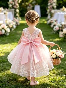SHEIN Glamorique Kids 4 Seasons 嬰兒女童 1 歲生日派對禮服，V 背蕾絲拖尾生日長裙，粉色亮片背腰大蝴蝶結生日派對洋裝 - 粉色 - 查看 1