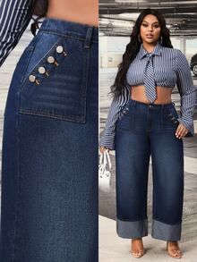 Slaydiva Cowgirl Outfit Plus Size Women's Blue Non-Stretch Cuffed Straight Leg Jeans - Dark Wash - View 8