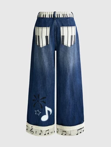 ROMWE Celana Jeans Denim Longgar Wanita Motif Not Keyboard Y2K, Musim Gugur/Dingin - MultiWarna - View 2