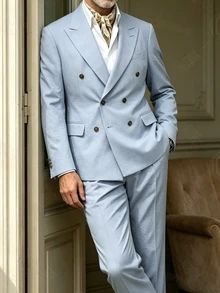 Manfinity Bizformal Setelan Jas Pria Elegan Lengan Panjang Berkancing dan Celana Panjang dengan Saku - Baby Blue - View 1