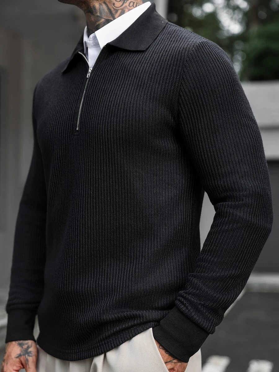 Manfinity CasualCool 男士純色長袖拉鍊設計休閒 Polo 衫 - 黑色 - 查看 1