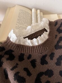 Story & Sage Women's Street Fashion Lace Patchwork Leopard Print Jacquard Sweater - Multicolor - View 5