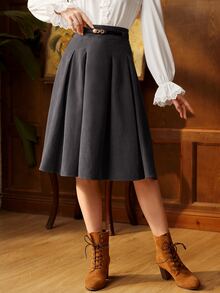 Vintamour Women's Solid Color High Waist Pleated Elegant Commuter Skirt - Dark Grey - View 6