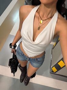 Aloruh 女款純色鉚釘裝飾休閒日常掛脖背心 - 米色 - 查看 3