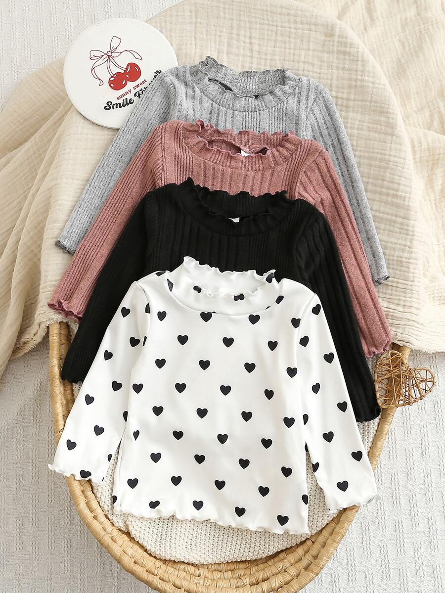 SHEIN Playful Pals 女嬰秋冬可愛印花羅紋布料波浪下擺長袖4件套