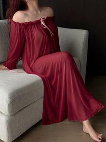 Dazy Plus Sexy White Sheer Mesh Ruffle Ruffle Long Nightgown Plus Size Women Spring Summer Loungewear - Burgundy - View 4