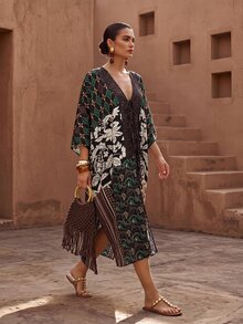 Zivah New Elegant Women's Multi-Color New Chinese Style Pattern Printed Square Scarf Style Tie-Front Bohemian Vacation Robe Long Cover-Up, Suitable For Multiple Occasions, Elegant Women's Beach Vacation Versatile - Multicolor - View 9