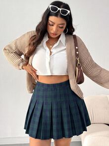 SHEIN EZwear Plus Size Women's Plaid Pleated Casual Vintage Elegant Versatile Mini Skirt Graduation Birthday Navy Blue Autumn - Green - View 5