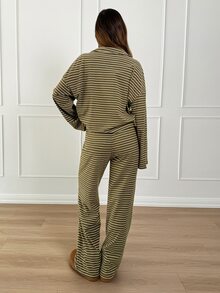 Siren Gaze 女款條紋長袖上衣與長褲休閒日常兩件套 - 軍綠色 - 查看 2