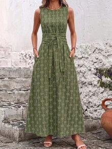 SHEIN Clasi 女款夏季全印花百褶休閒派對長洋裝 - 軍綠色 - 查看 4