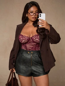SHEIN BAE CURVE Plus Size Women's Black Mini PU Shorts - Black - View 2