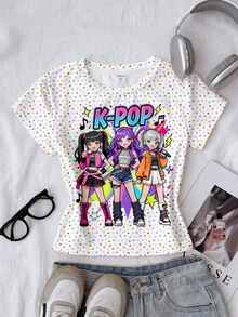 迷你多巴胺彩色波點 Y2K 時尚街頭風 K-Pop 韓系女孩賽博螢光圖案印花女款休閒舒適修身短袖 T 恤，適合日常室內穿著、疊穿、運動、外出、音樂節，美式高街甜酷女孩慵懶時尚少女風 - 彩色 - 查看 3