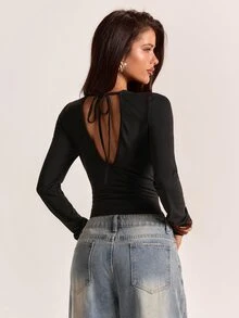SHEIN BAE Fall Black Lace Patchwork Deep V Neck Backless Sexy Slim Fit Long Sleeve Inner Shirt Halloween Party Date Night Going Out - Black - View 2