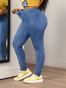 Slaydiva Plus Size Women's High Waist Casual Daily Wear Denim Jeans - Black - View 3