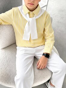 3件組兒童青少年男孩休閒學院風條紋領長袖寬鬆開襟襯衫、純色直筒長褲、純色披肩，適合學校、花園、海灘、生日、秋季、冬季 - 黃色 - 查看 3