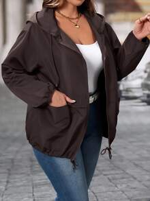 EMERY ROSE Plus Size Fashion Zipper Long Sleeve Hooded Jacket - Chocolate Brown - View 5