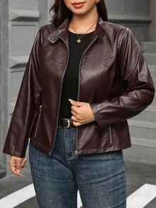 Reflora Plus Size Fashion Streetwear Zipper Long Sleeve PU Material Jacket - Brown - View 3