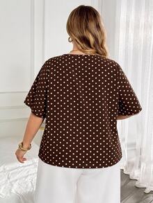 SHEIN CURVE+ Plus Size Autumn Casual Polka Dot Batwing Sleeve Open Collar Button Decor Shirt - Multicolor - View 3