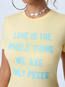 Y2Kool Women's Cream Yellow Letter Contrast Print Design Sweet Cool Casual Style Short Fitted T-Shirt, Suitable For Daily Commute, Shopping, Dating, Travel And Vacation Outfits - Yellow - View 5