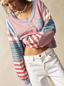 Bohemela Plus Size Women's Patchwork Striped V-Neck Long Sleeve Pocket T-Shirt - Multicolor - View 3